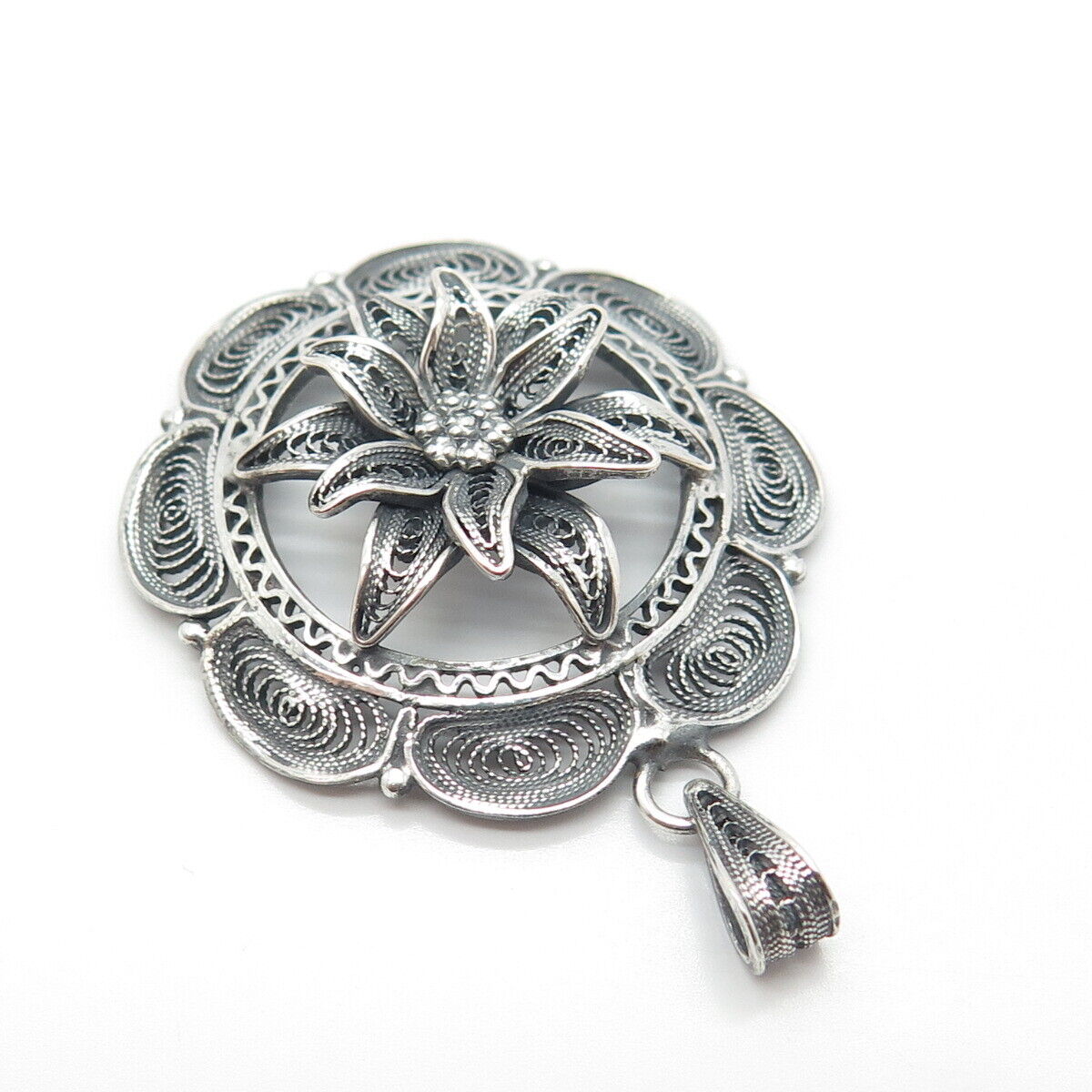 900 Silver Vintage Floral Ornate Pendant