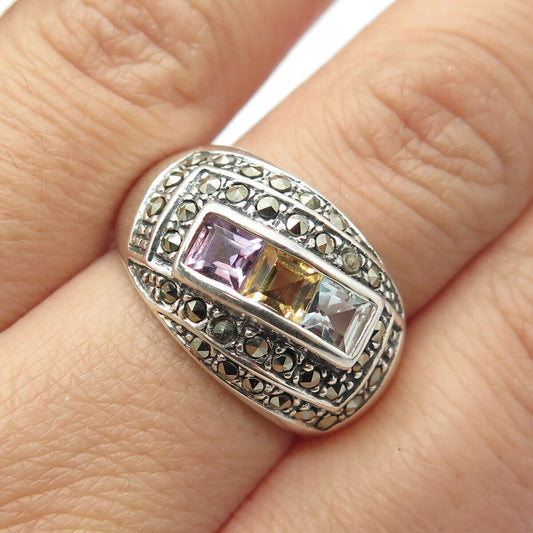 925 Sterling Silver Vintage Amethyst Citrine Topaz Marcasite Gem Ring Size 8.25