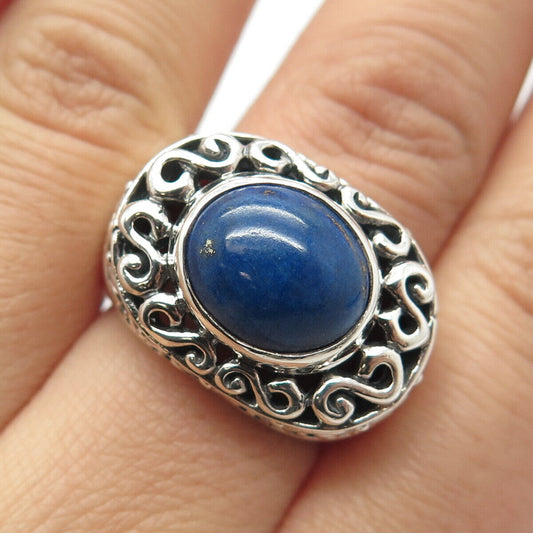 925 Sterling Silver Vintage Real Lapis Lazuli Gemstone Ornate Ring Size 7.5