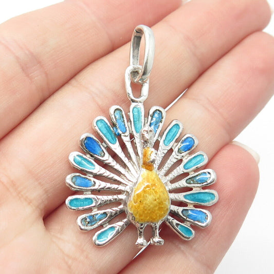 800 Silver Vintage Colorful Enamel Peacock Bird Pendant