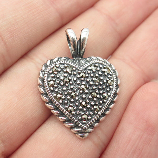 925 Sterling Silver Vintage Chapal Zenray Real Marcasite Gemstone Heart Pendant