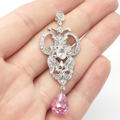 925 Sterling Silver Pink Glass & C Z Pendant