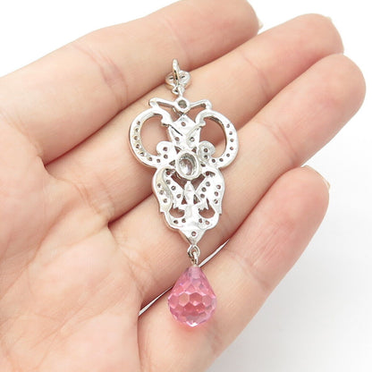 925 Sterling Silver Pink Glass & C Z Pendant