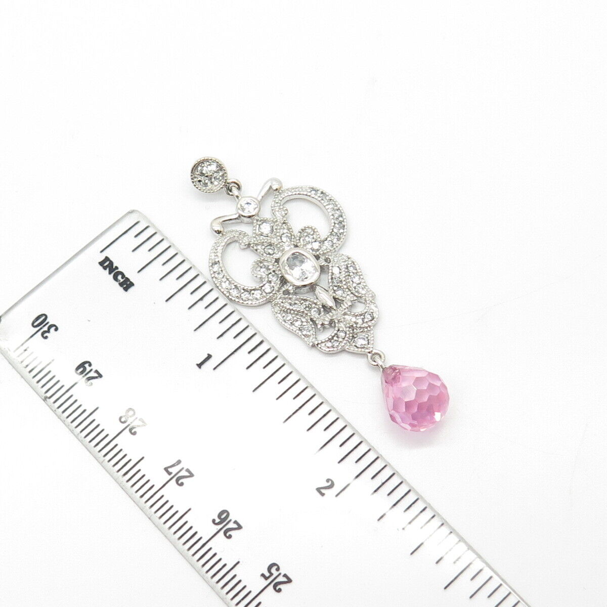 925 Sterling Silver Pink Glass & C Z Pendant