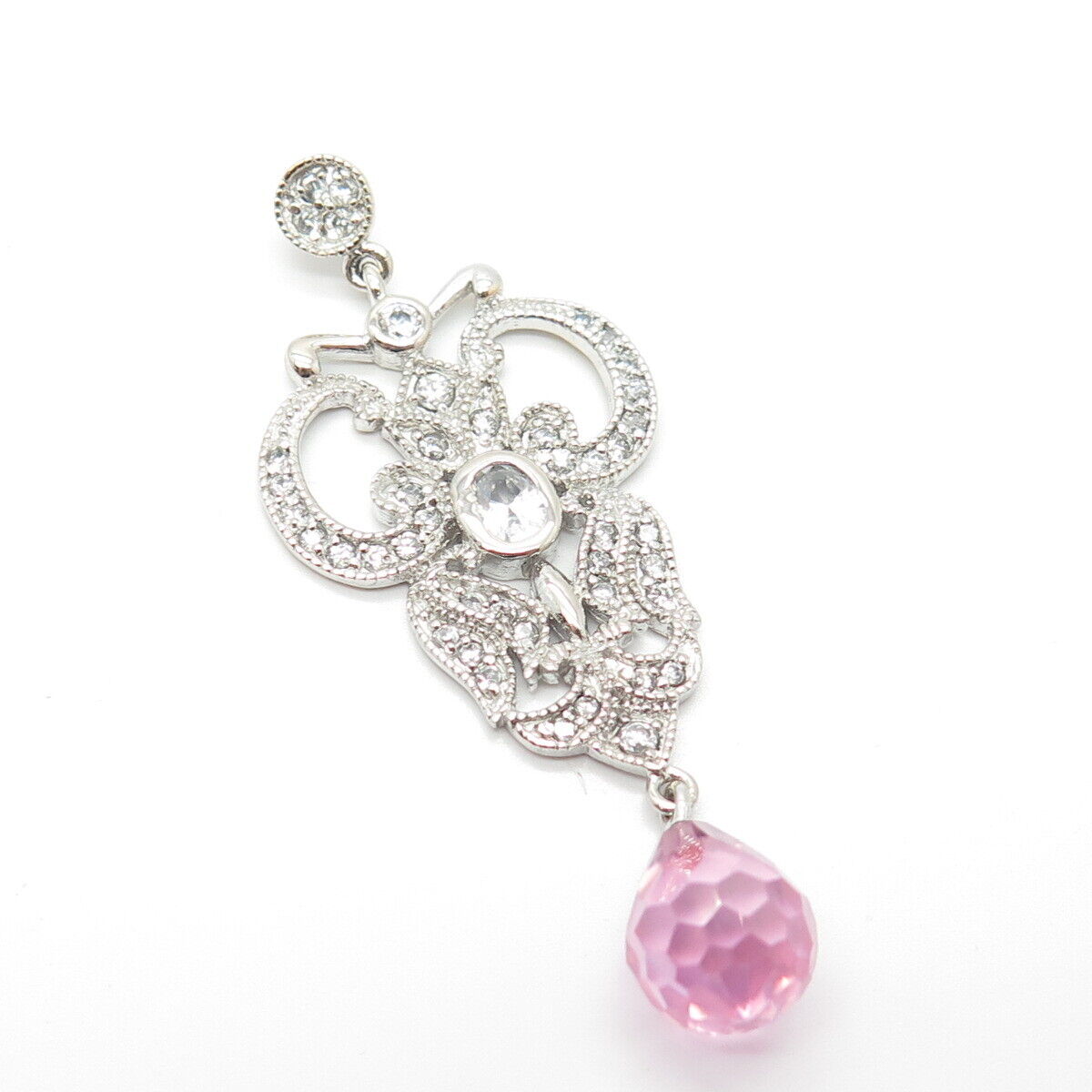 925 Sterling Silver Pink Glass & C Z Pendant