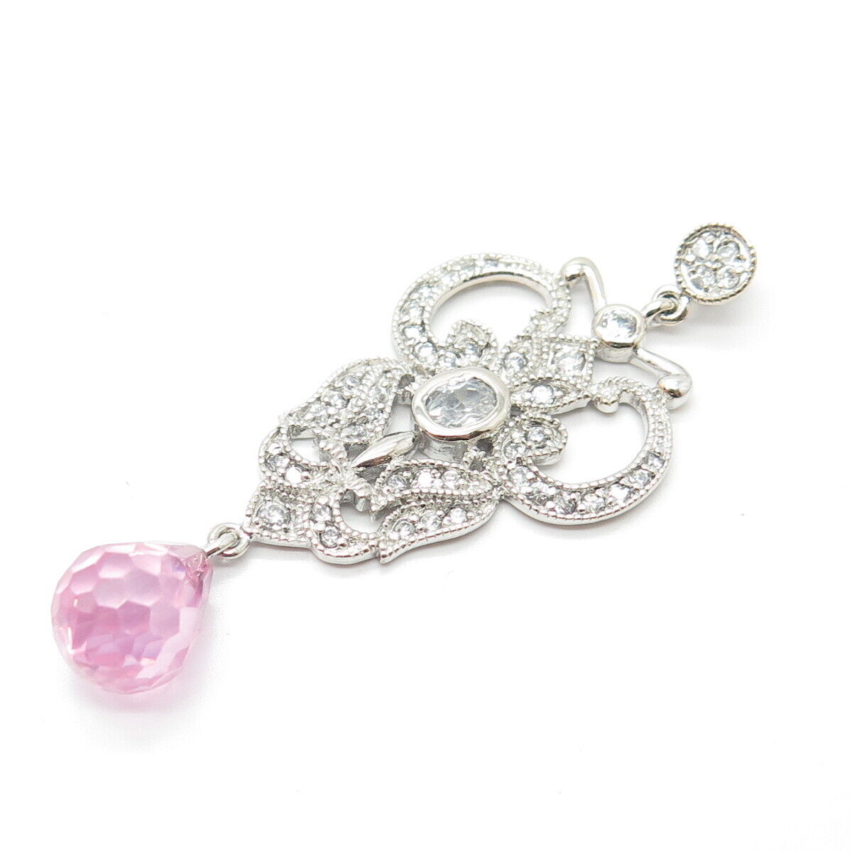 925 Sterling Silver Pink Glass & C Z Pendant