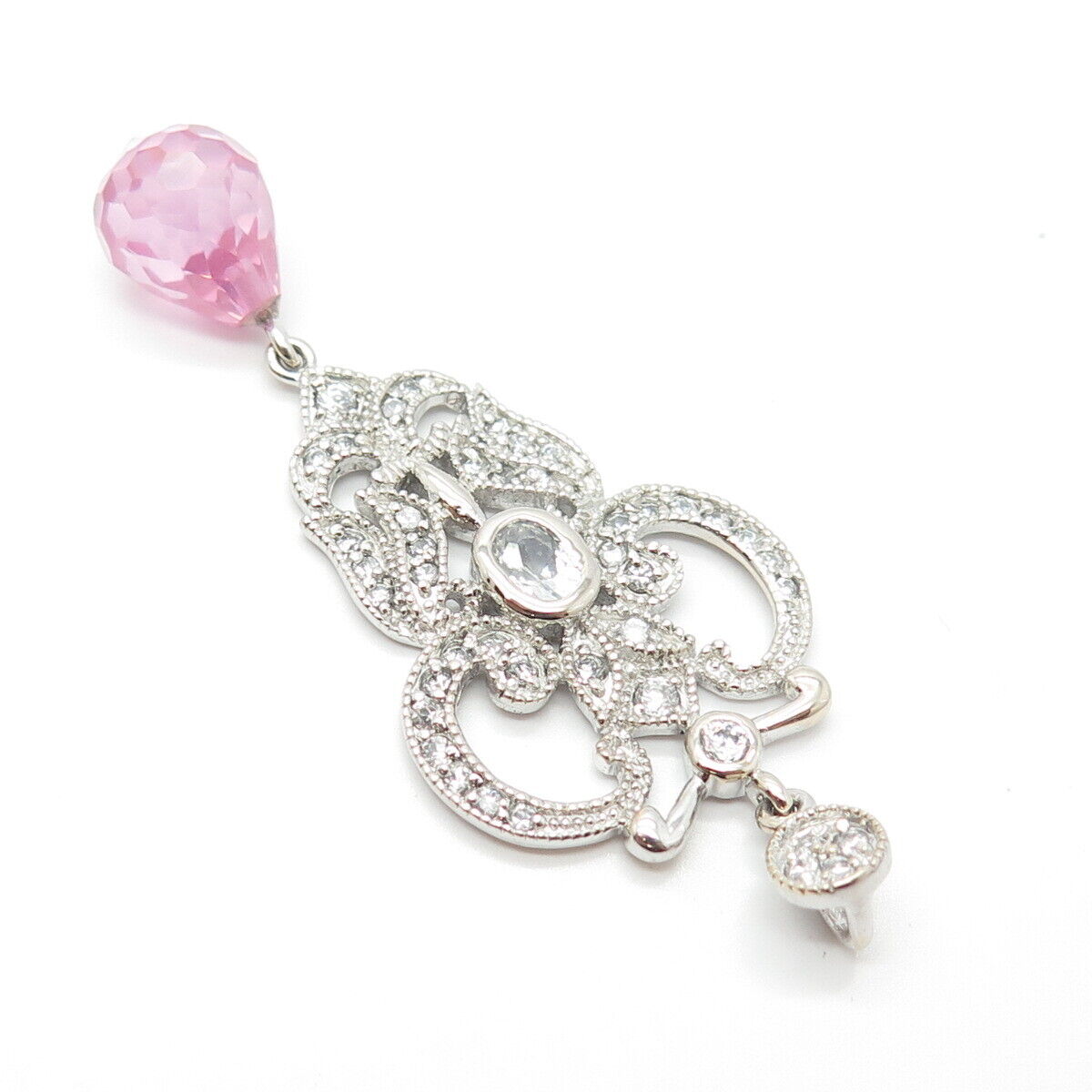 925 Sterling Silver Pink Glass & C Z Pendant