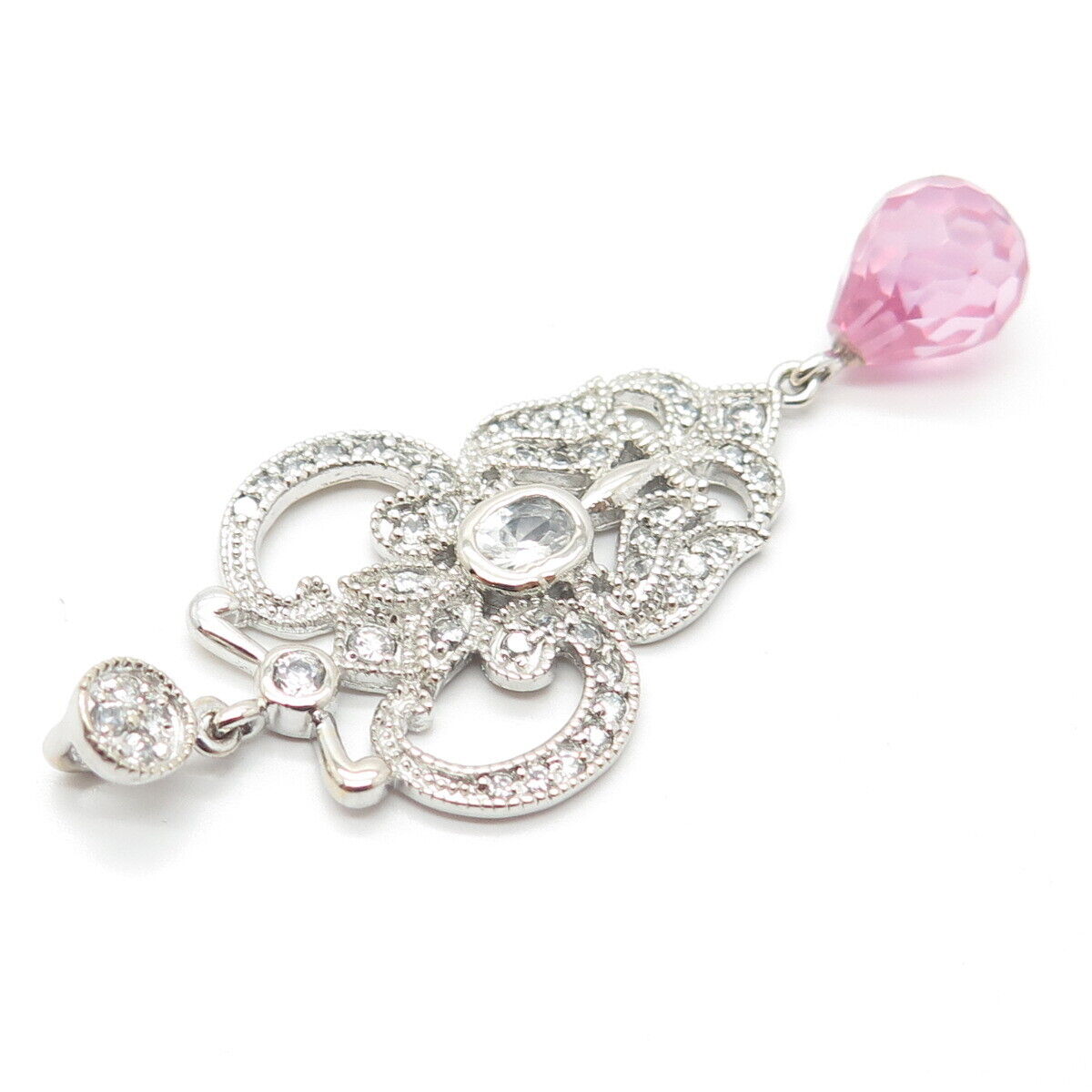 925 Sterling Silver Pink Glass & C Z Pendant