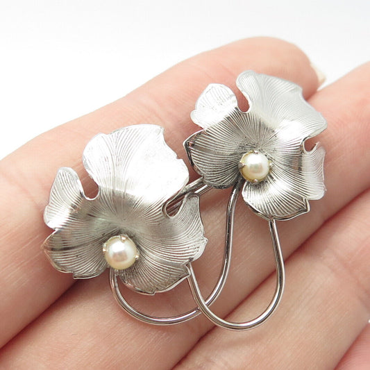 925 Sterling Silver Vintage Real Pearl Lily Floral Pin Brooch