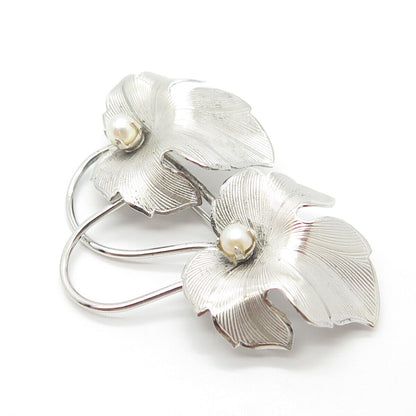 925 Sterling Silver Vintage Real Pearl Lily Floral Pin Brooch