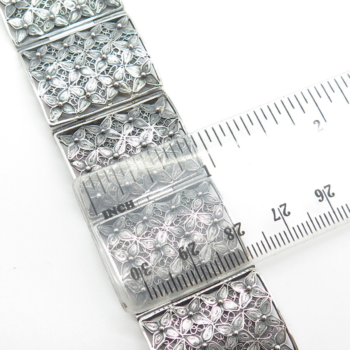 800 Silver Vintage Filigree Floral Panel Link Bracelet 6"