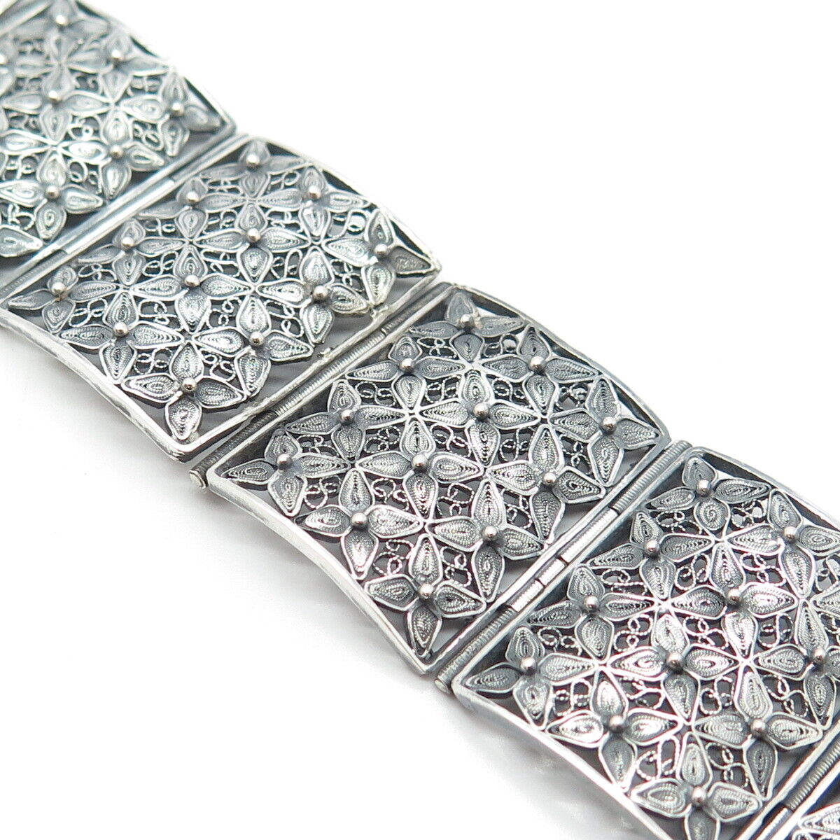 800 Silver Vintage Filigree Floral Panel Link Bracelet 6"