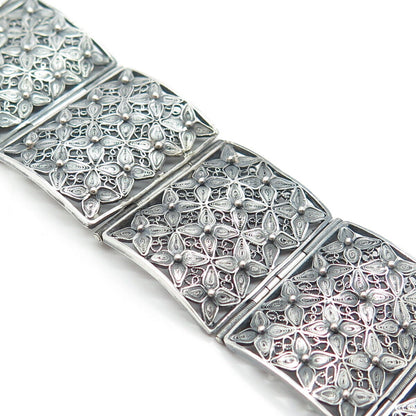 800 Silver Vintage Filigree Floral Panel Link Bracelet 6"