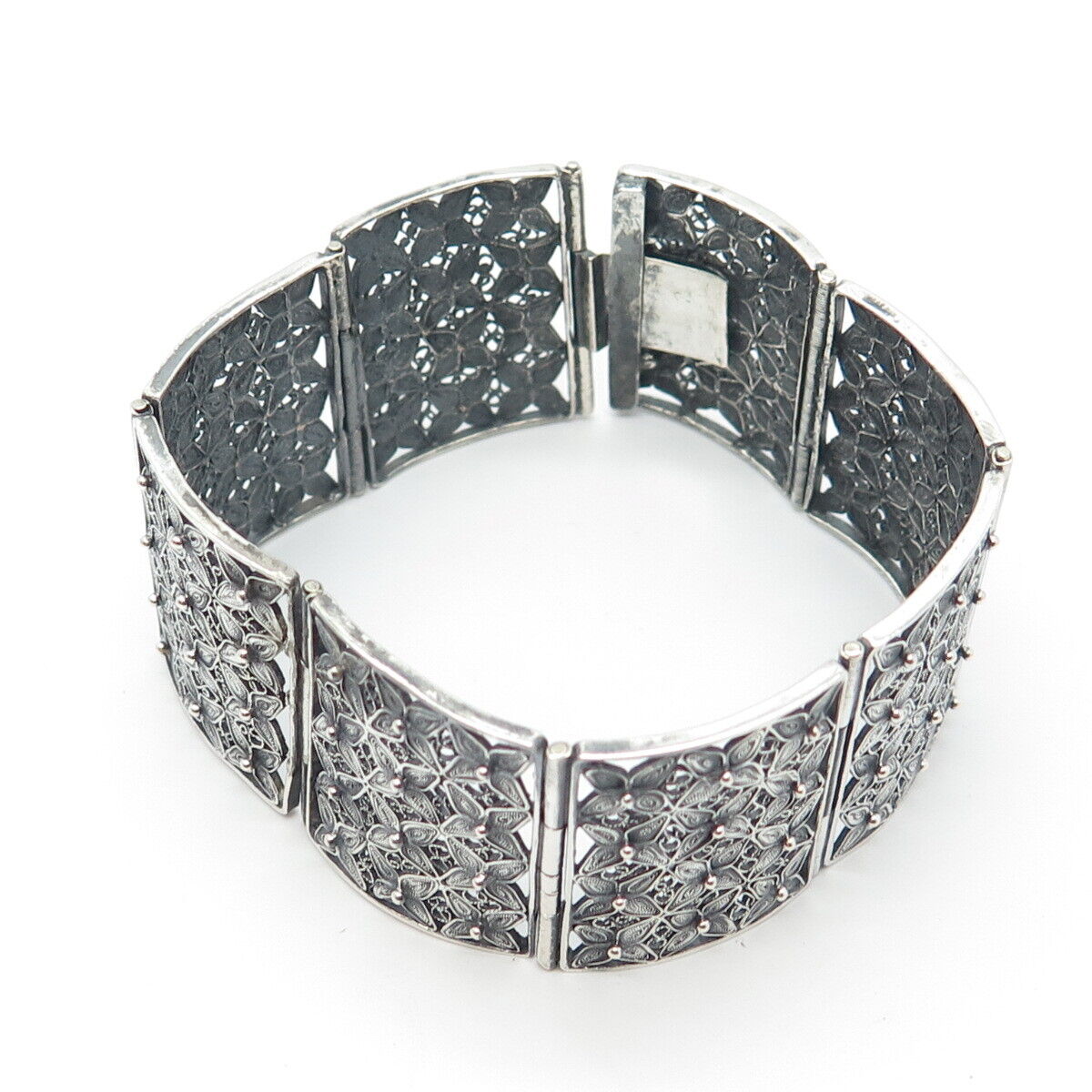 800 Silver Vintage Filigree Floral Panel Link Bracelet 6"