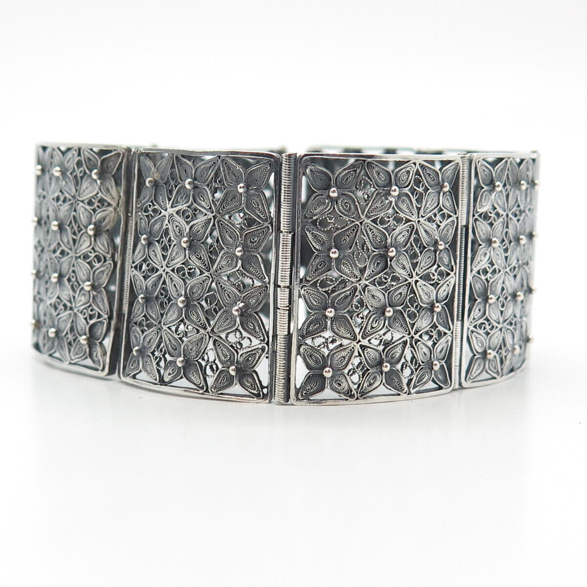 800 Silver Vintage Filigree Floral Panel Link Bracelet 6"