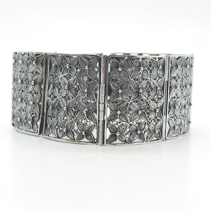 800 Silver Vintage Filigree Floral Panel Link Bracelet 6"