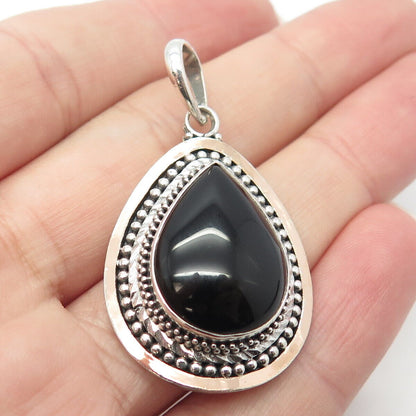 925 Sterling Silver 2-Tone Vintage Suarti Bali Real Black Onyx Gemstone Pendant