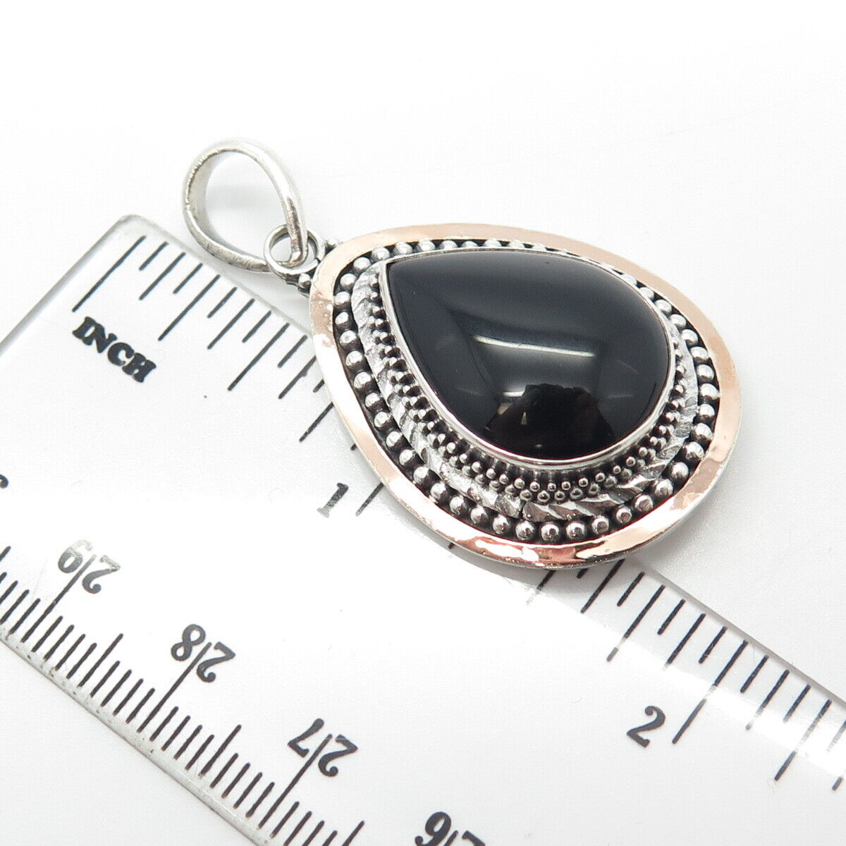 925 Sterling Silver 2-Tone Vintage Suarti Bali Real Black Onyx Gemstone Pendant