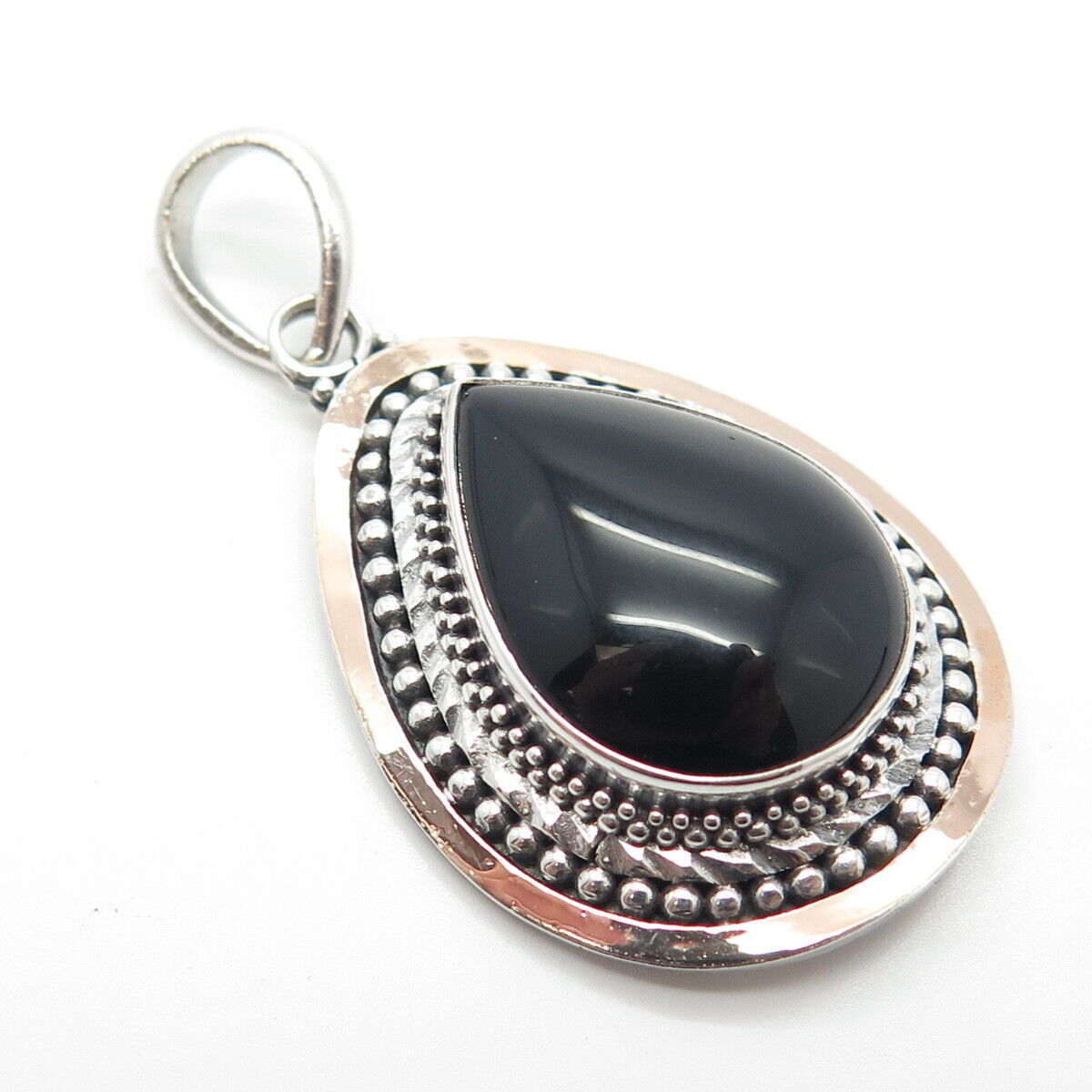 925 Sterling Silver 2-Tone Vintage Suarti Bali Real Black Onyx Gemstone Pendant