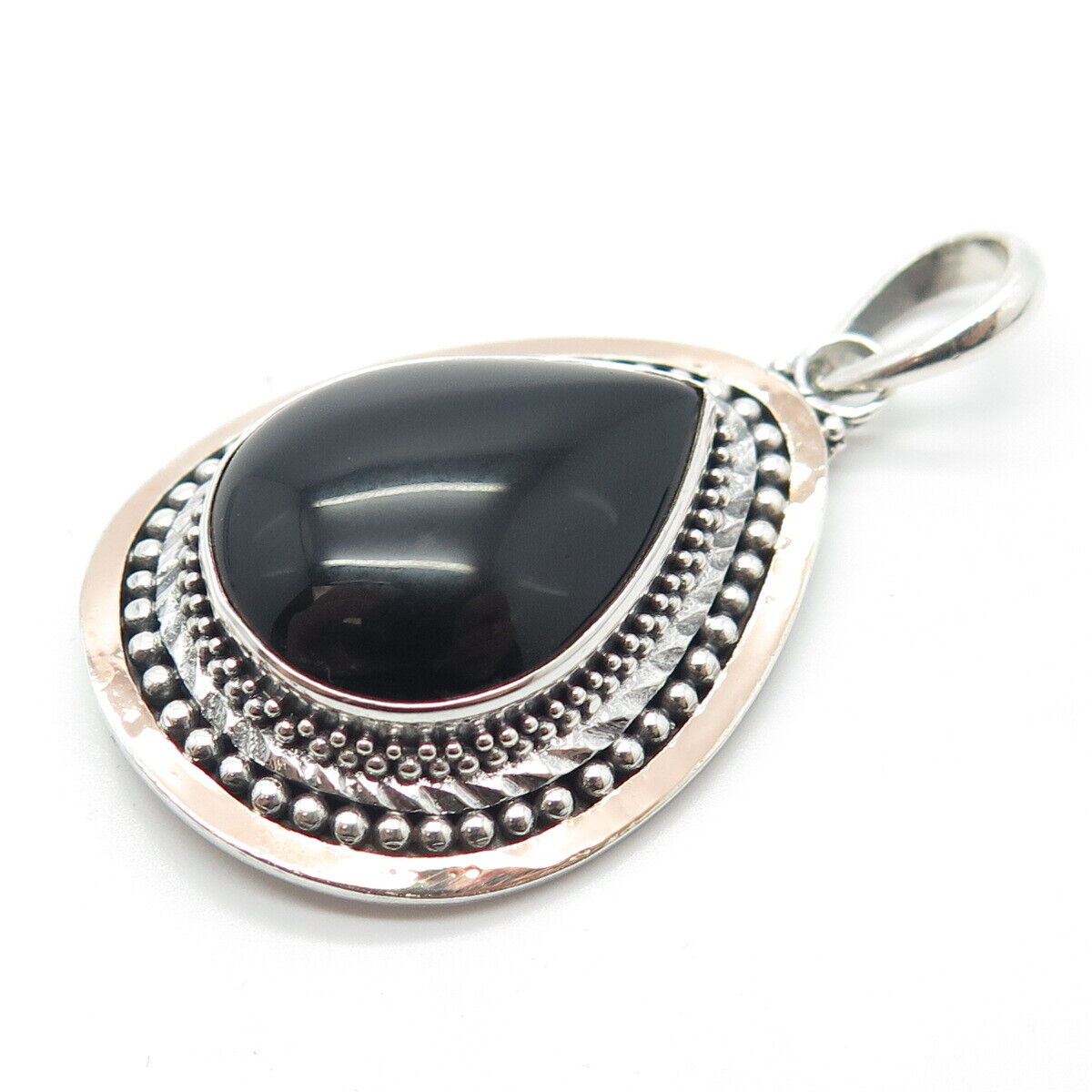 925 Sterling Silver 2-Tone Vintage Suarti Bali Real Black Onyx Gemstone Pendant