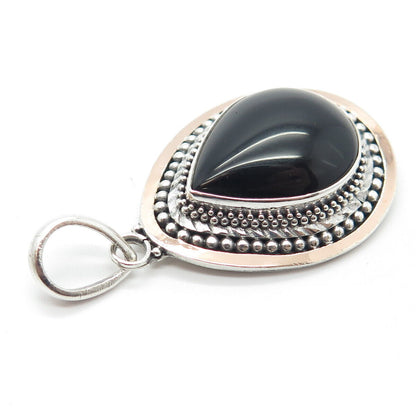 925 Sterling Silver 2-Tone Vintage Suarti Bali Real Black Onyx Gemstone Pendant