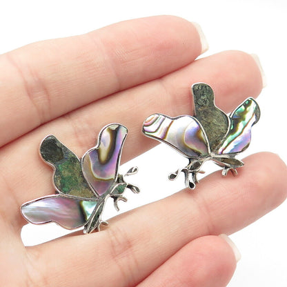 925 Sterling Silver Vintage Mexico Abalone Shell Azurite Gem Butterfly Earrings