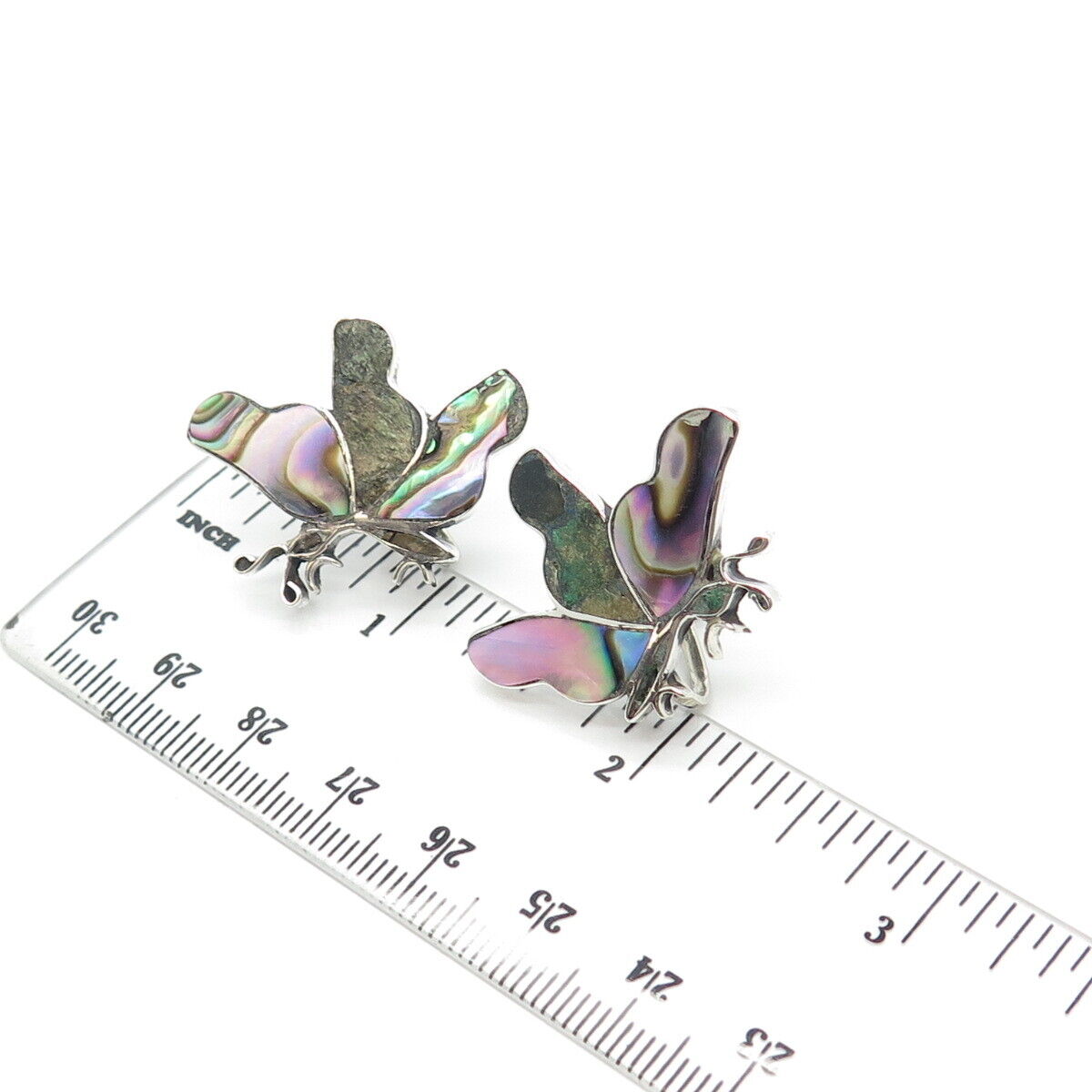 925 Sterling Silver Vintage Mexico Abalone Shell Azurite Gem Butterfly Earrings