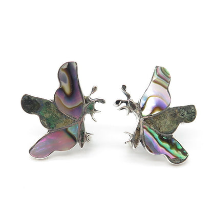 925 Sterling Silver Vintage Mexico Abalone Shell Azurite Gem Butterfly Earrings