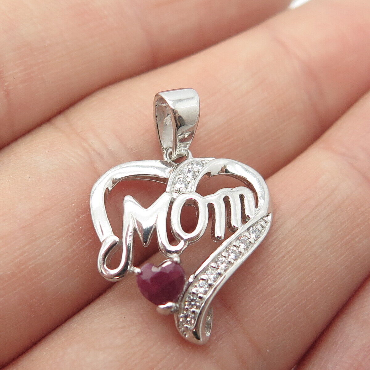 925 Sterling Silver Real Ruby Gemstone & C Z "Mom" Love Heart Pendant