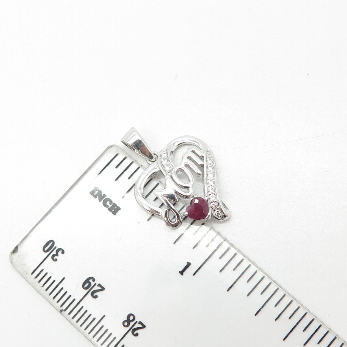 925 Sterling Silver Real Ruby Gemstone & C Z "Mom" Love Heart Pendant