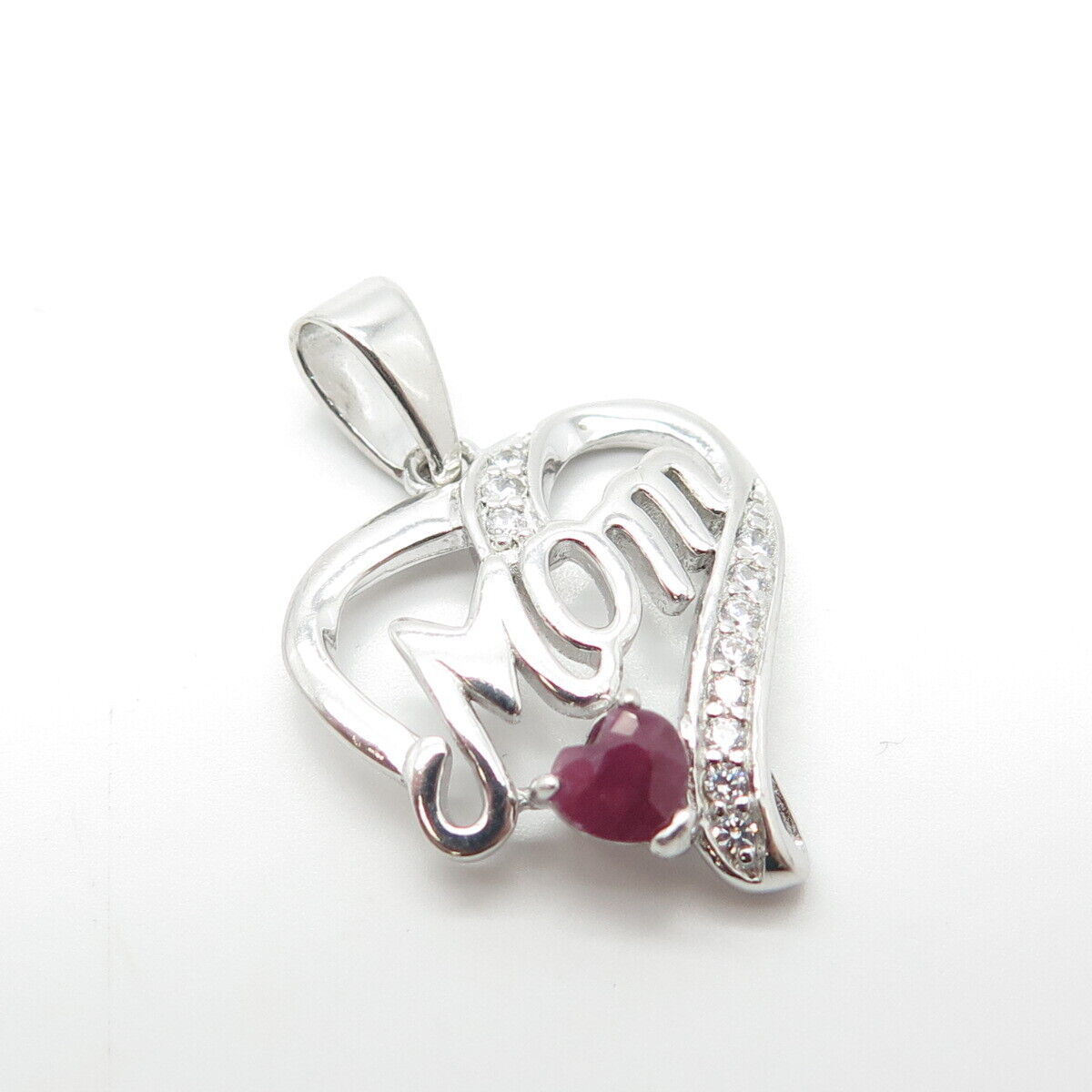 925 Sterling Silver Real Ruby Gemstone & C Z "Mom" Love Heart Pendant