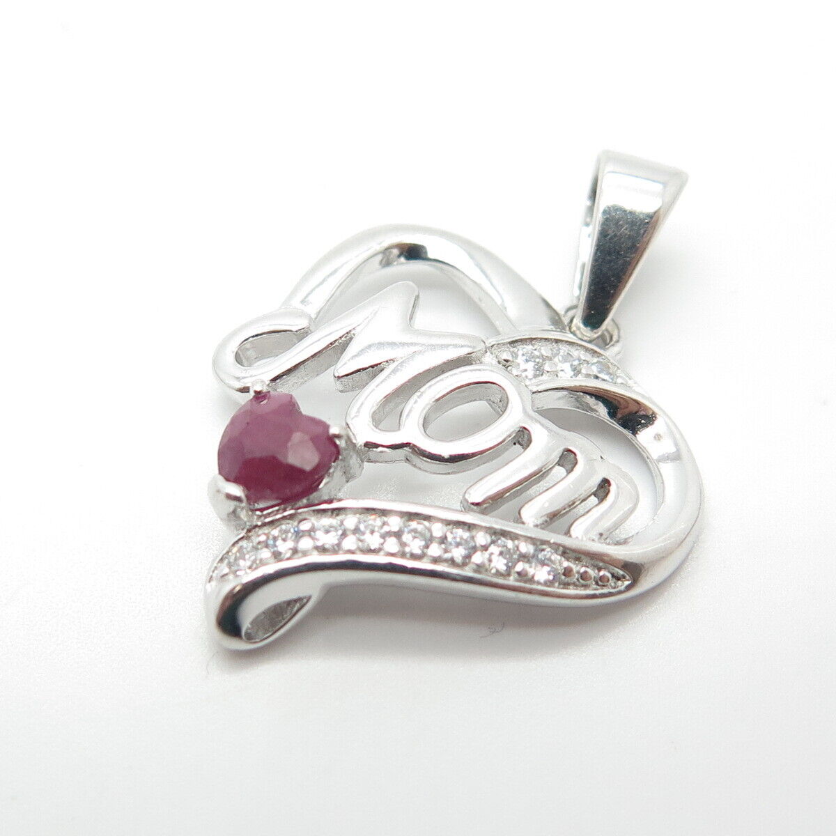 925 Sterling Silver Real Ruby Gemstone & C Z "Mom" Love Heart Pendant