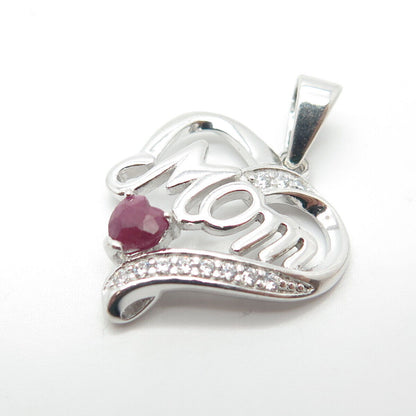 925 Sterling Silver Real Ruby Gemstone & C Z "Mom" Love Heart Pendant