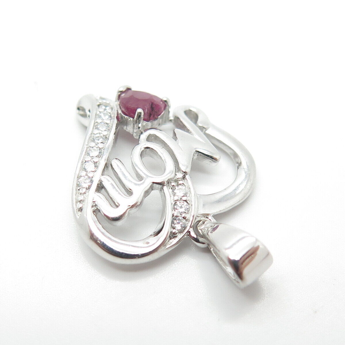 925 Sterling Silver Real Ruby Gemstone & C Z "Mom" Love Heart Pendant