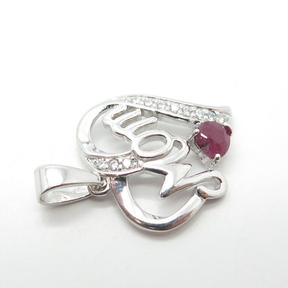 925 Sterling Silver Real Ruby Gemstone & C Z "Mom" Love Heart Pendant