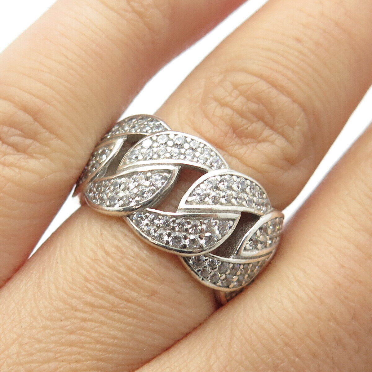 925 Sterling Silver Pave C Z Cuban Chain Band Ring Size 6.75