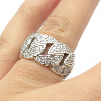 925 Sterling Silver Pave C Z Cuban Chain Band Ring Size 6.75