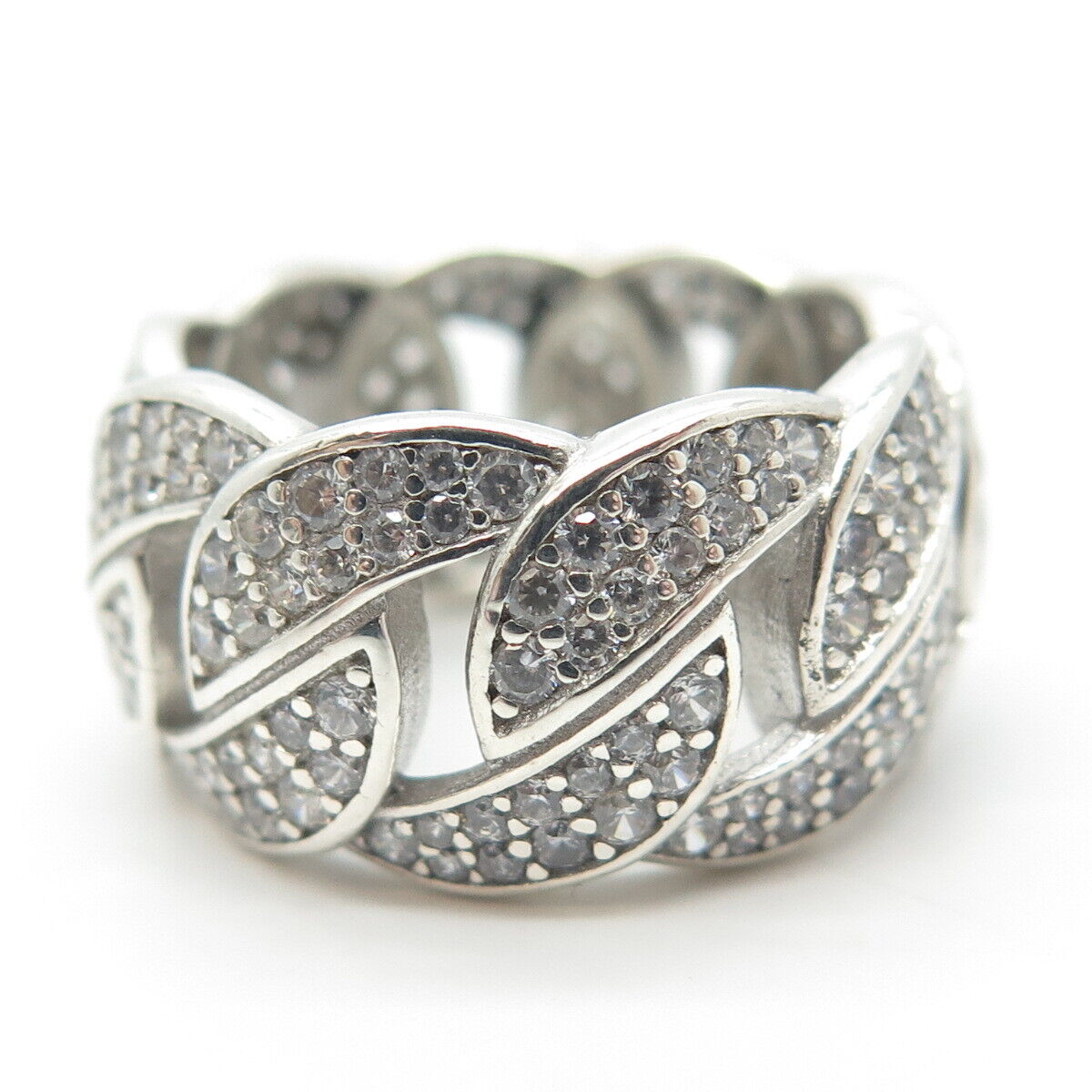 925 Sterling Silver Pave C Z Cuban Chain Band Ring Size 6.75
