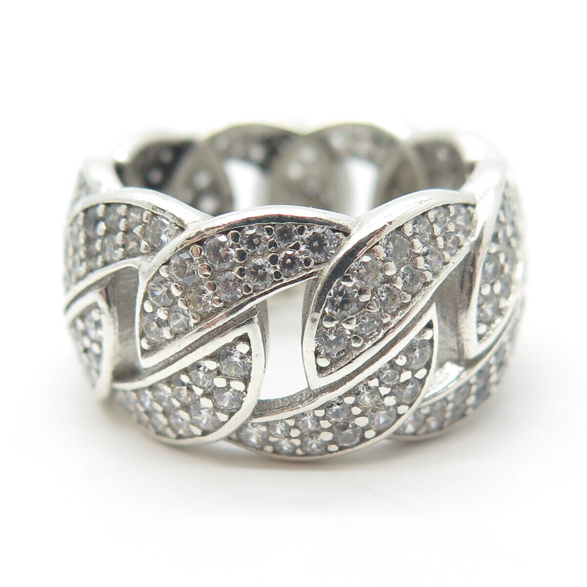 925 Sterling Silver Pave C Z Cuban Chain Band Ring Size 6.75
