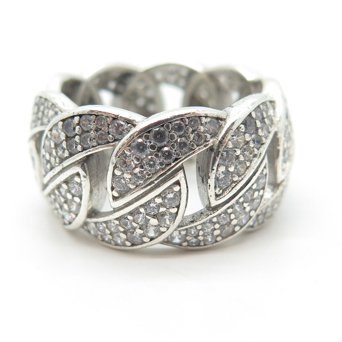 925 Sterling Silver Pave C Z Cuban Chain Band Ring Size 6.75