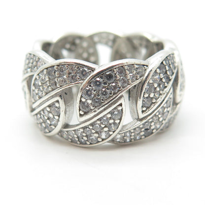 925 Sterling Silver Pave C Z Cuban Chain Band Ring Size 6.75