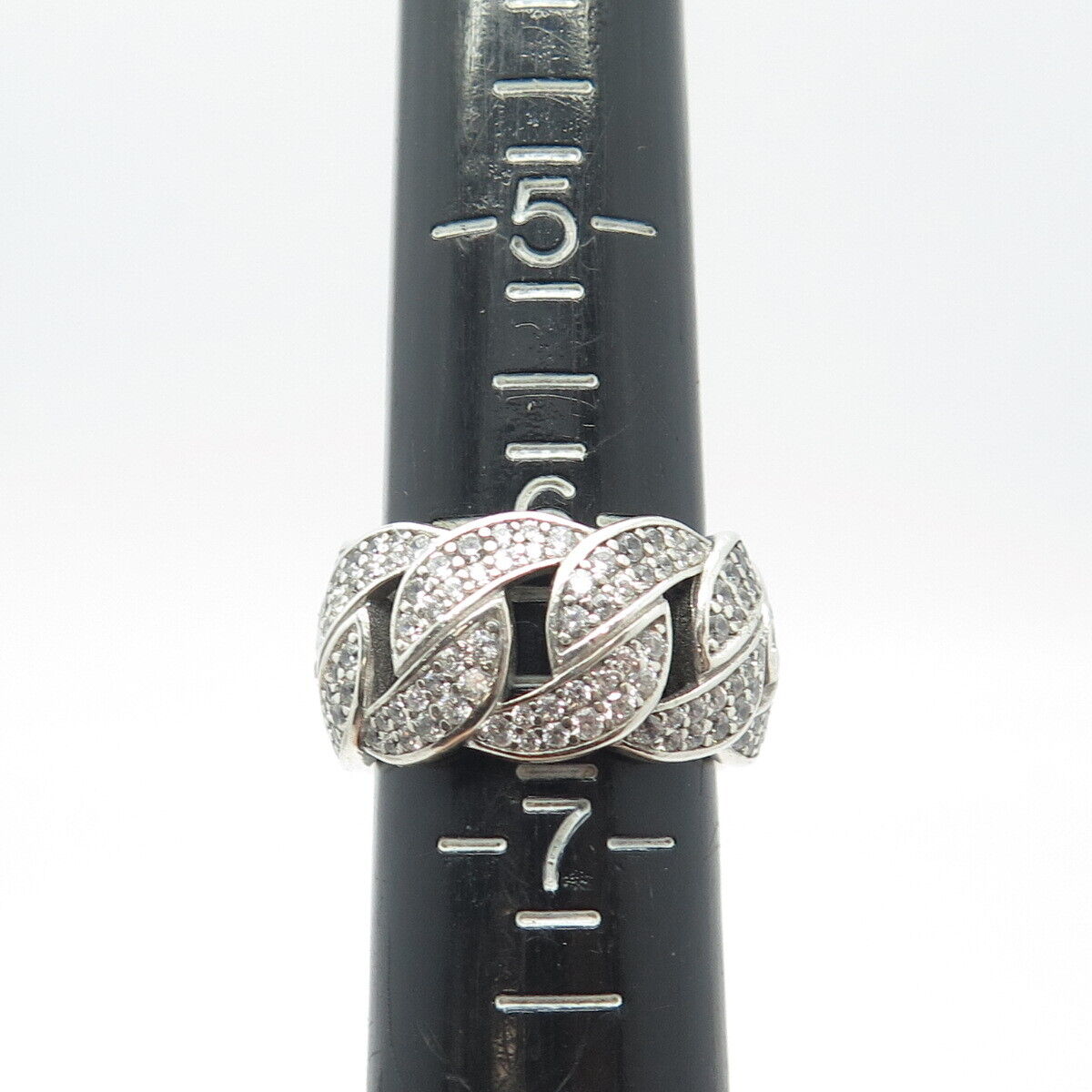 925 Sterling Silver Pave C Z Cuban Chain Band Ring Size 6.75