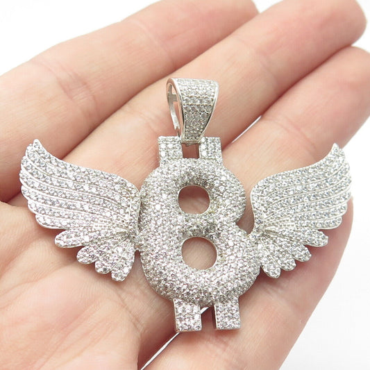 925 Sterling Silver Pave C Z "8" Lucky Number w/ Wings Pendant