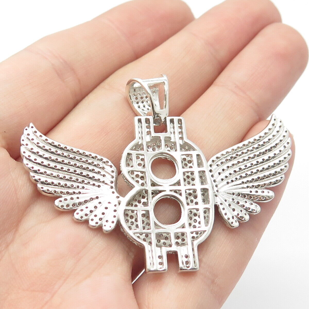 925 Sterling Silver Pave C Z "8" Lucky Number w/ Wings Pendant