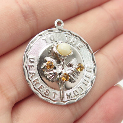 925 Sterling Silver Vintage Pearl & Citrine Gem "To The Dearest Mother" Pendant