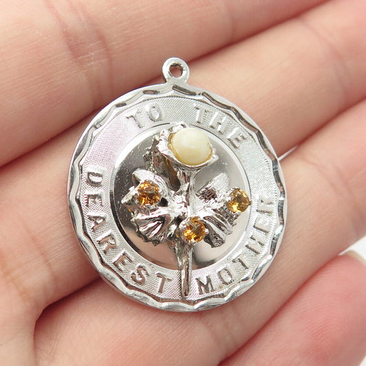 925 Sterling Silver Vintage Pearl & Citrine Gem "To The Dearest Mother" Pendant