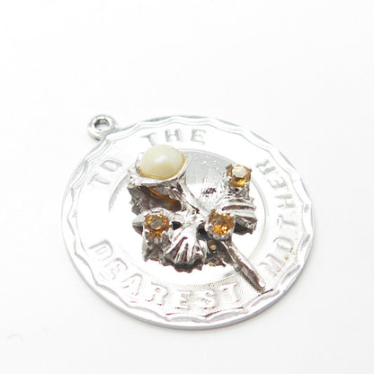 925 Sterling Silver Vintage Pearl & Citrine Gem "To The Dearest Mother" Pendant