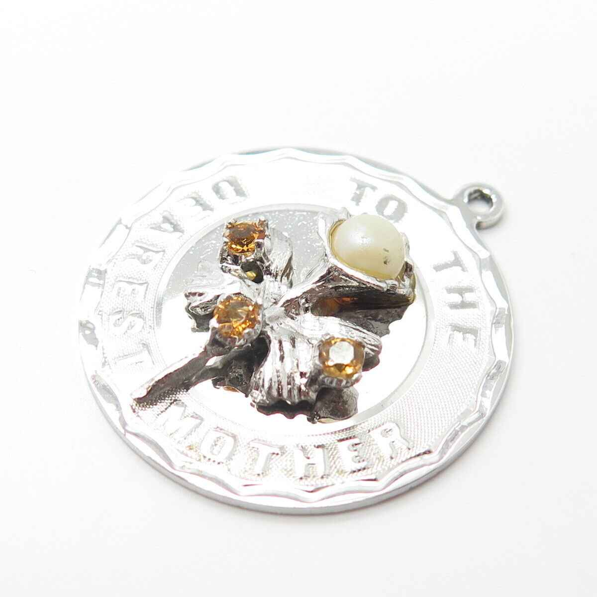 925 Sterling Silver Vintage Pearl & Citrine Gem "To The Dearest Mother" Pendant