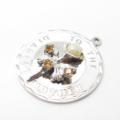 925 Sterling Silver Vintage Pearl & Citrine Gem "To The Dearest Mother" Pendant