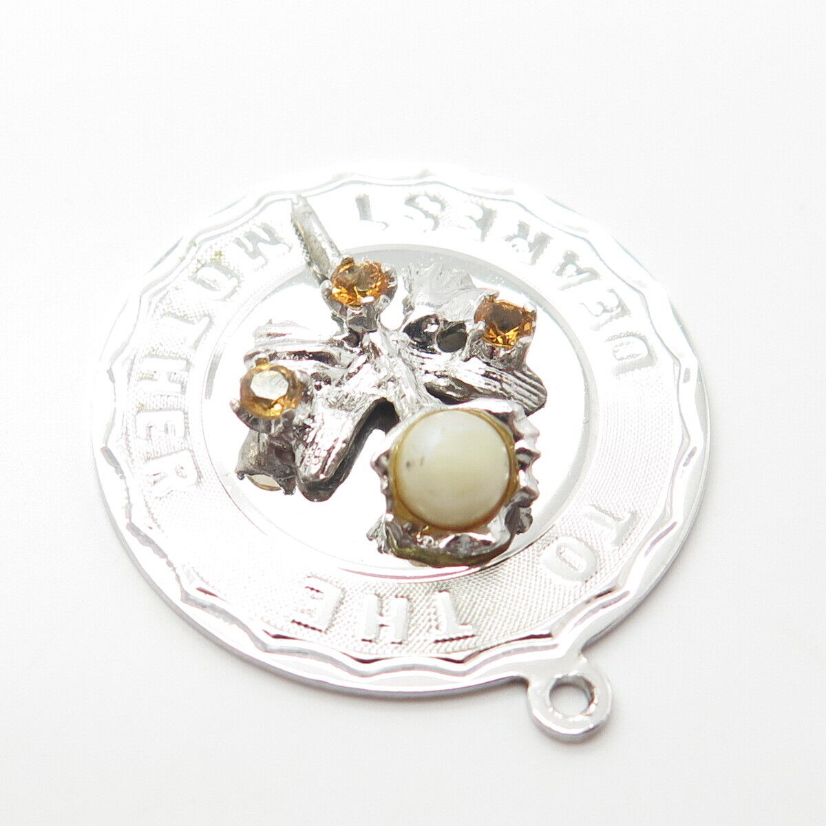 925 Sterling Silver Vintage Pearl & Citrine Gem "To The Dearest Mother" Pendant